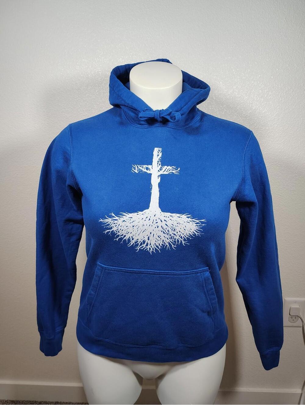 Unisex Blue hoodie sweater Long Sleve Christian Cross Tree Roots Religion Sz M